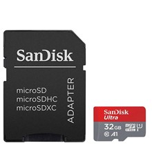 تصویر کارت حافظه microSDHC سن دیسک مدل Ultra A1 کلاس 10 استاندارد UHS-I سرعت 98MBps ظرفیت 32 گیگابایت به همراه آداپتور SD