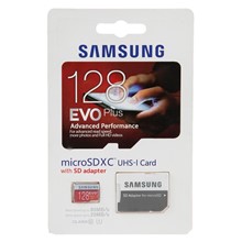 تصویر کارت حافظه microSDXC سامسونگ مدل Evo Plus کلاس 10 استاندارد UHS-I U1 سرعت 80MBps همراه با آداپتور ظرفیت 128 گیگابایت